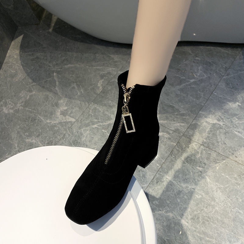 Bốt cao gót vải da lộn mỏng thoáng khí có khóa kéo trước phong cách Anh Quốc mới mùa thu đông dành cho nữ 2021
