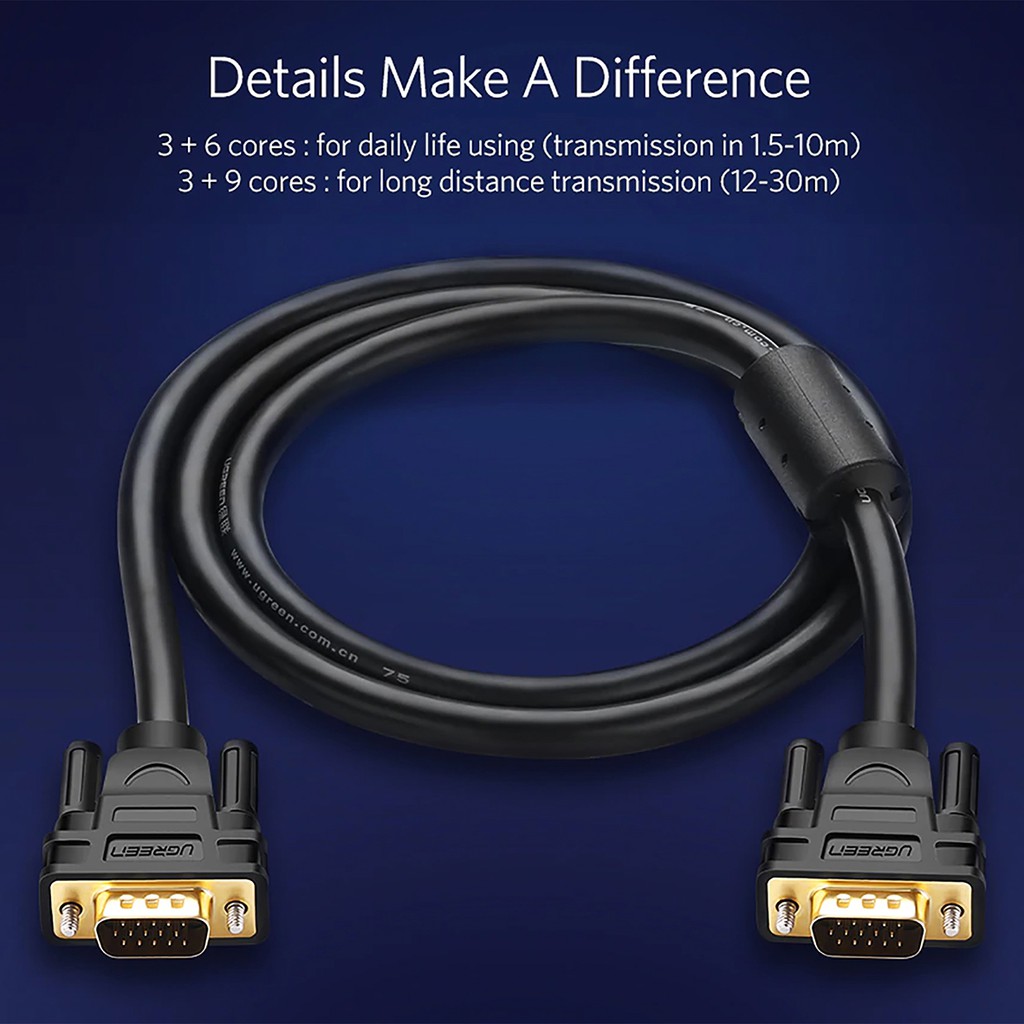 Cáp VGA Male to Male Hỗ trợ Full-HD 1080P Cao Cấp UGREEN VG101