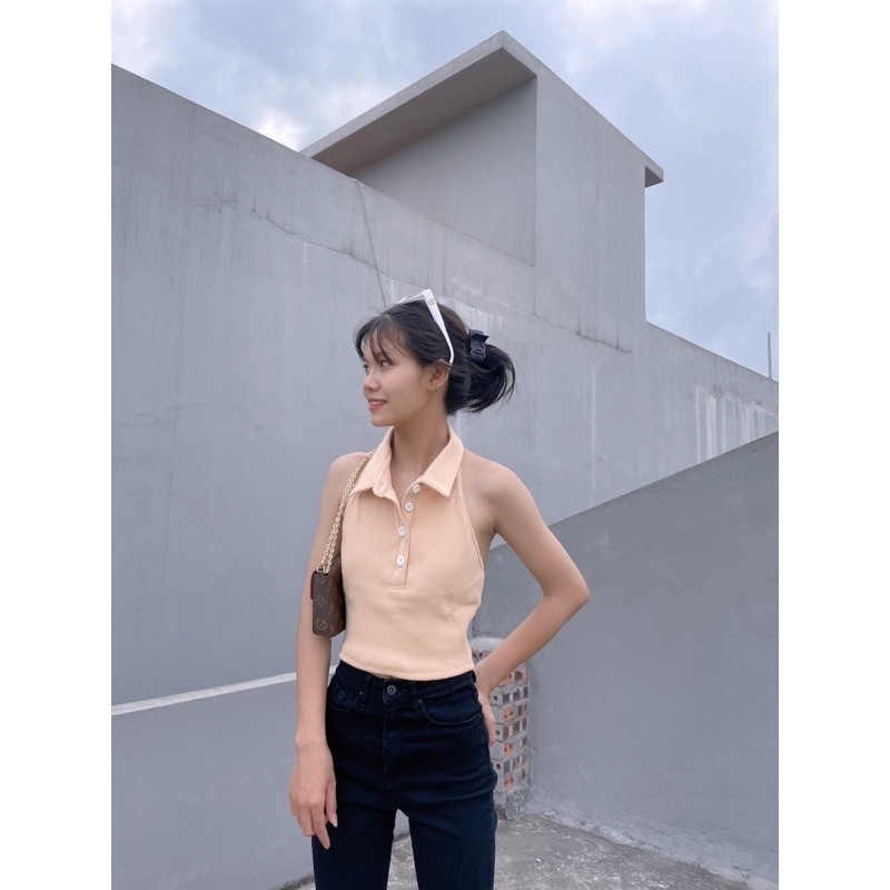 Áo croptop polo hở lưng Boin chất bo gân cotton co dãn 4 chiều siêu đẹp from ôm 5 màu trắng/đen/hồng/tím/tan_ Hình Thật