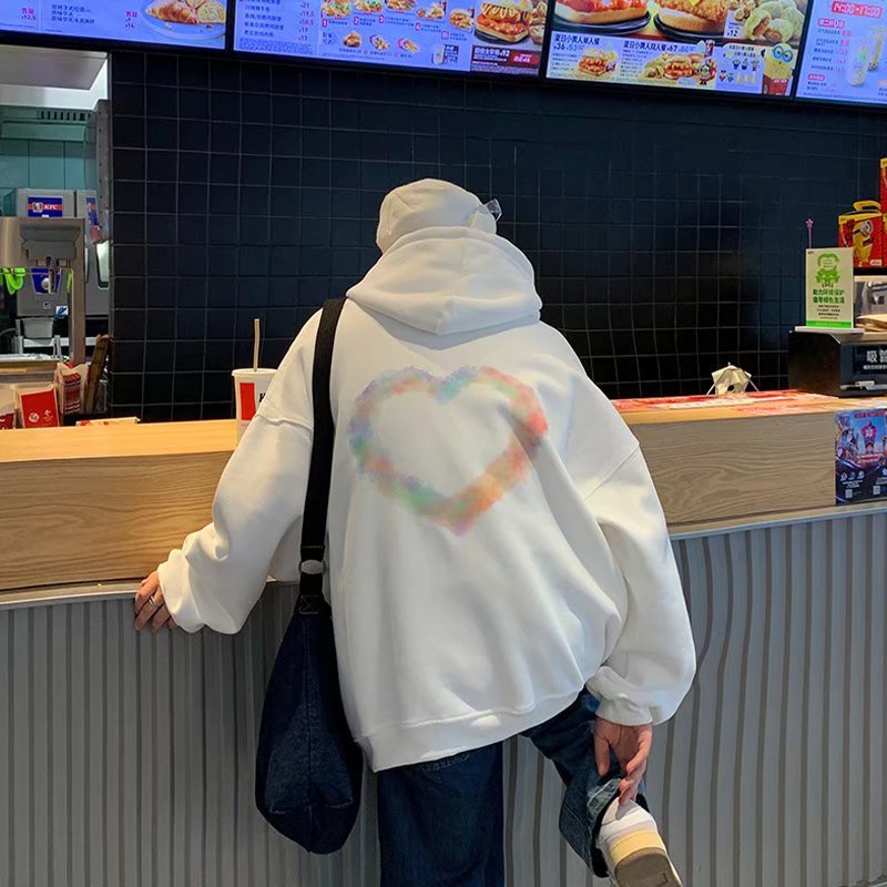 Áo Khoác Hoodie Lót Nhung Tay Dài Dáng Rộng In Hình Trái Tim Kiểu Mỹ Thời Trang Thu Đông Cho Cặp Đôi Plus Size M-8XL