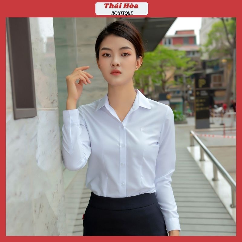 Áo sơ mi trắng nữ tay dài kiểu công sở đẹp bigsize vải cotton Thái Hoà 047- thumbnail