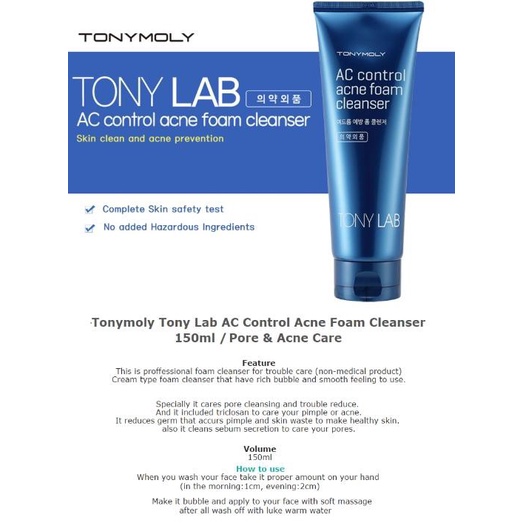 TONYMOLY AC Control Acne Foam Cleanser 150ml Womens Skincare Facial