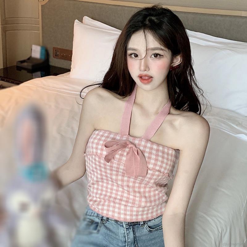 Áo Croptop dệt kim hai dây họa tiết caro đính nơ dáng ôm trẻ trung cho nữ