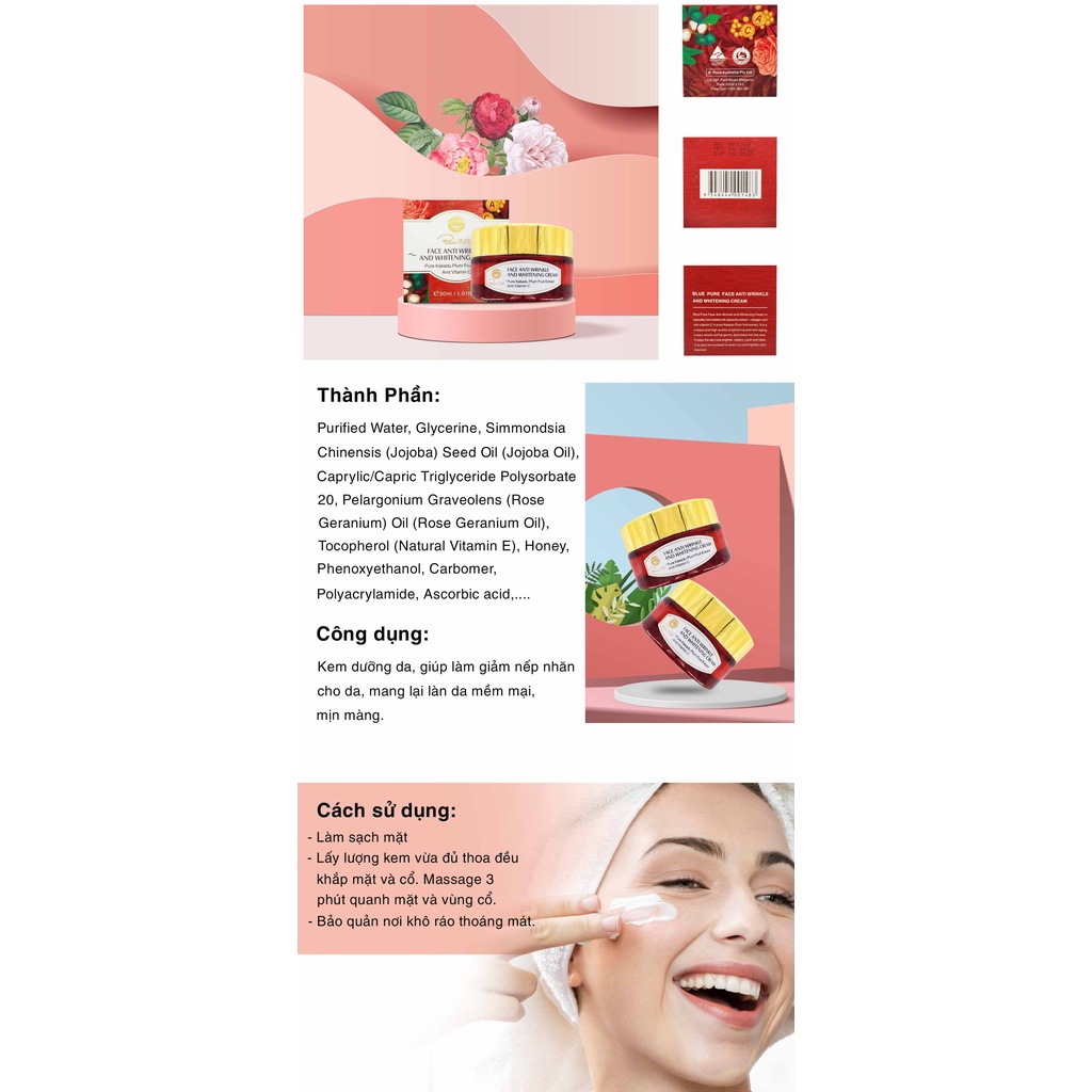 Kem chống nhăn và dưỡng trắng - BLUE PURE  30ML _ Jena hàng ngoại