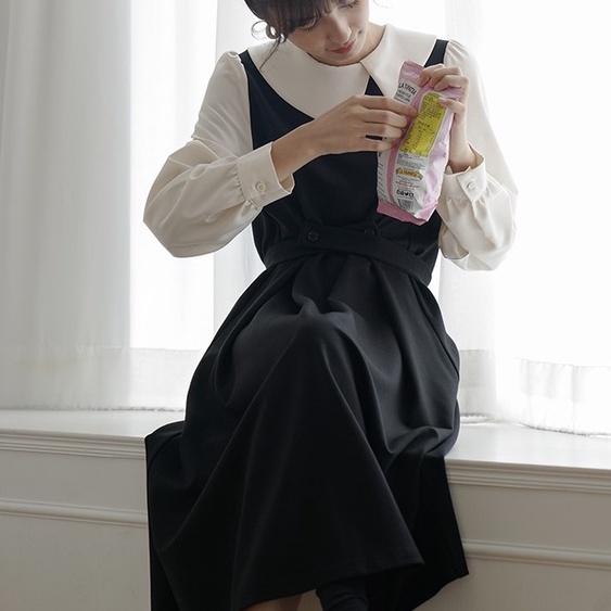 Váy vitage sơ mi dài tay mùa thu phối 2 màu tiểu thư kiểu Pháp con đỏng đảnh VD017 ảnh thật