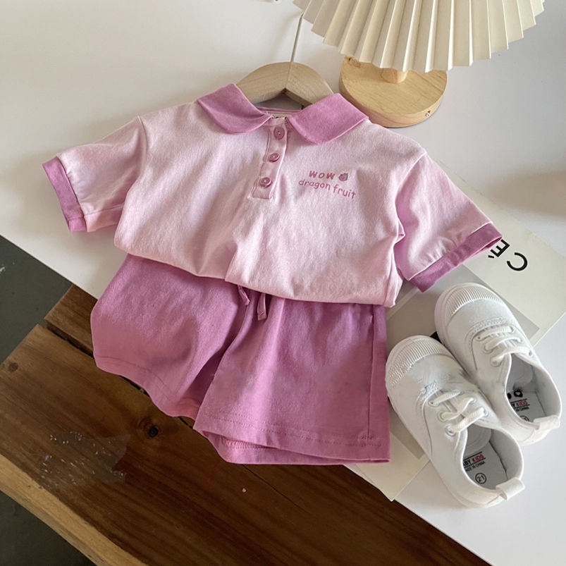 Bộ Áo Thun 100% Cotton Ngắn Tay Cổ Bẻ + Quần Short Màu Tím Phong Cách Hàn Quốc Thời Trang Mùa Hè Mới Cho Bé Gái
