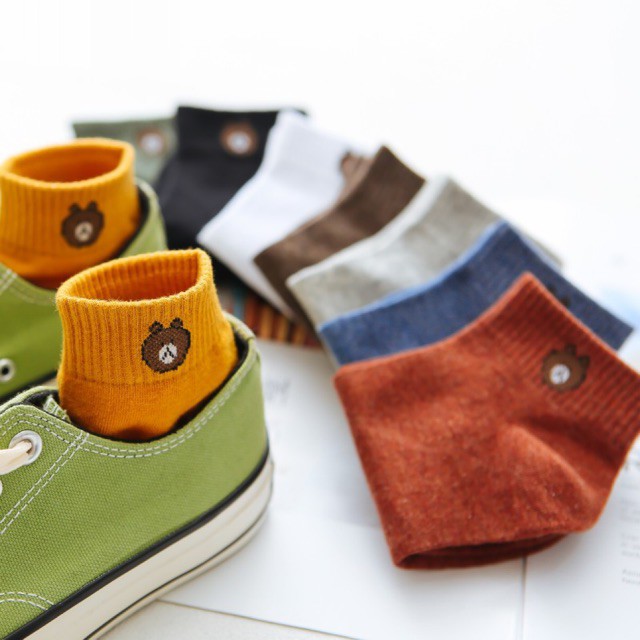 Bộ 10 đôi tất, vớ cổ ngắn hình gấu brown dễ thương - vớ trơn cổ thấp - tat gau brown - thấm hút mồ hôi khử mùi tốt
