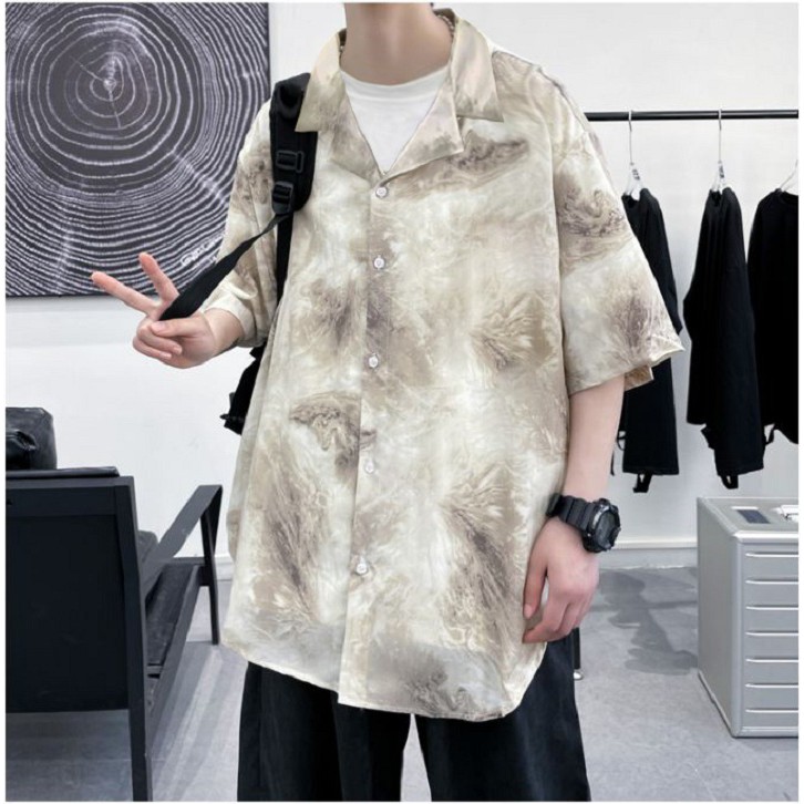 Áo sơ mi nam nữ họa tiết loang màu vân mây cộc tay cổ bẻ form rộng unisex 20UP 50-85kg 100% lụa cao cấp nhẹ thoáng mát | BigBuy360 - bigbuy360.vn
