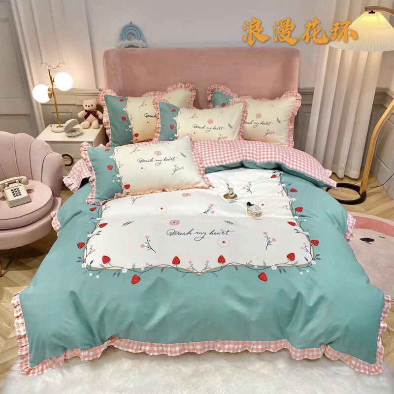 [ Hàng Nhập Khẩu ] Bộ Chăn Ga Gối Cotton Amanda Phối Bèo Xinh Xắn Cho Các Bé, Sợi Vải Mềm Mịn Thoáng Mát