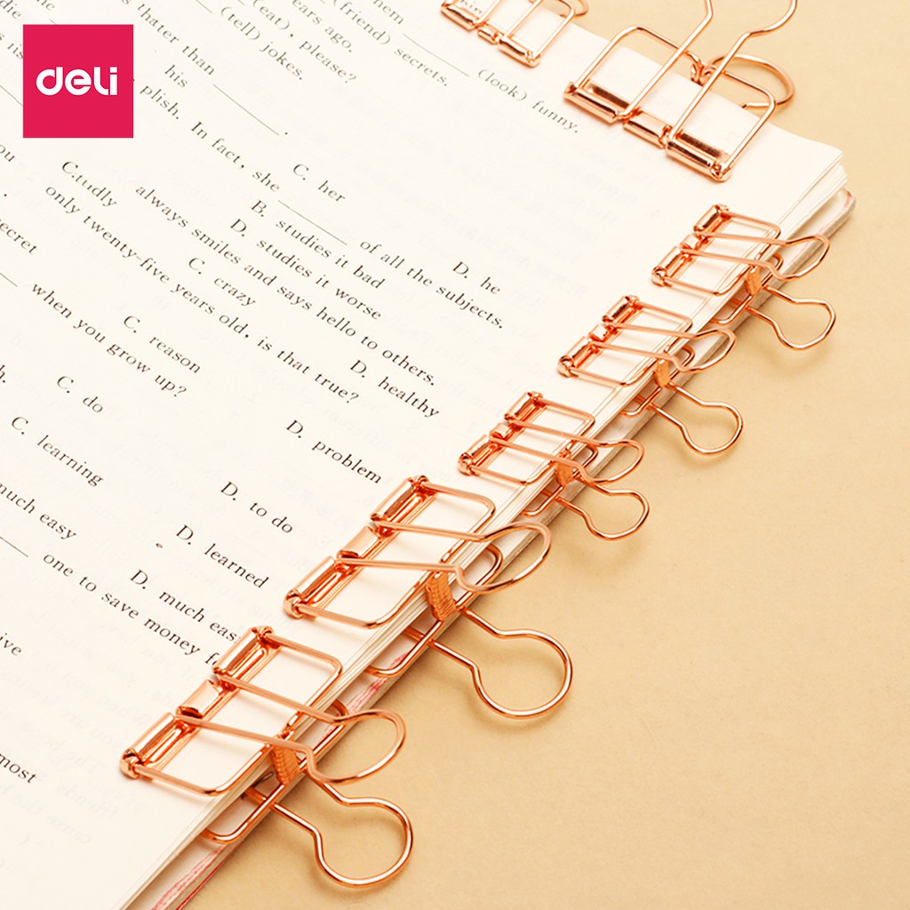 [LIFEMC02BPABAU -10% đơn 250K] Kẹp bướm kim loại văn phòng Deli - Set 6/8 chiếc - Màu vàng hồng - 9414/9415