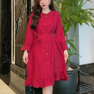 váy suông tay bo dài tay cổ tròn thắt nơ đuôi cá chất nhung tăm