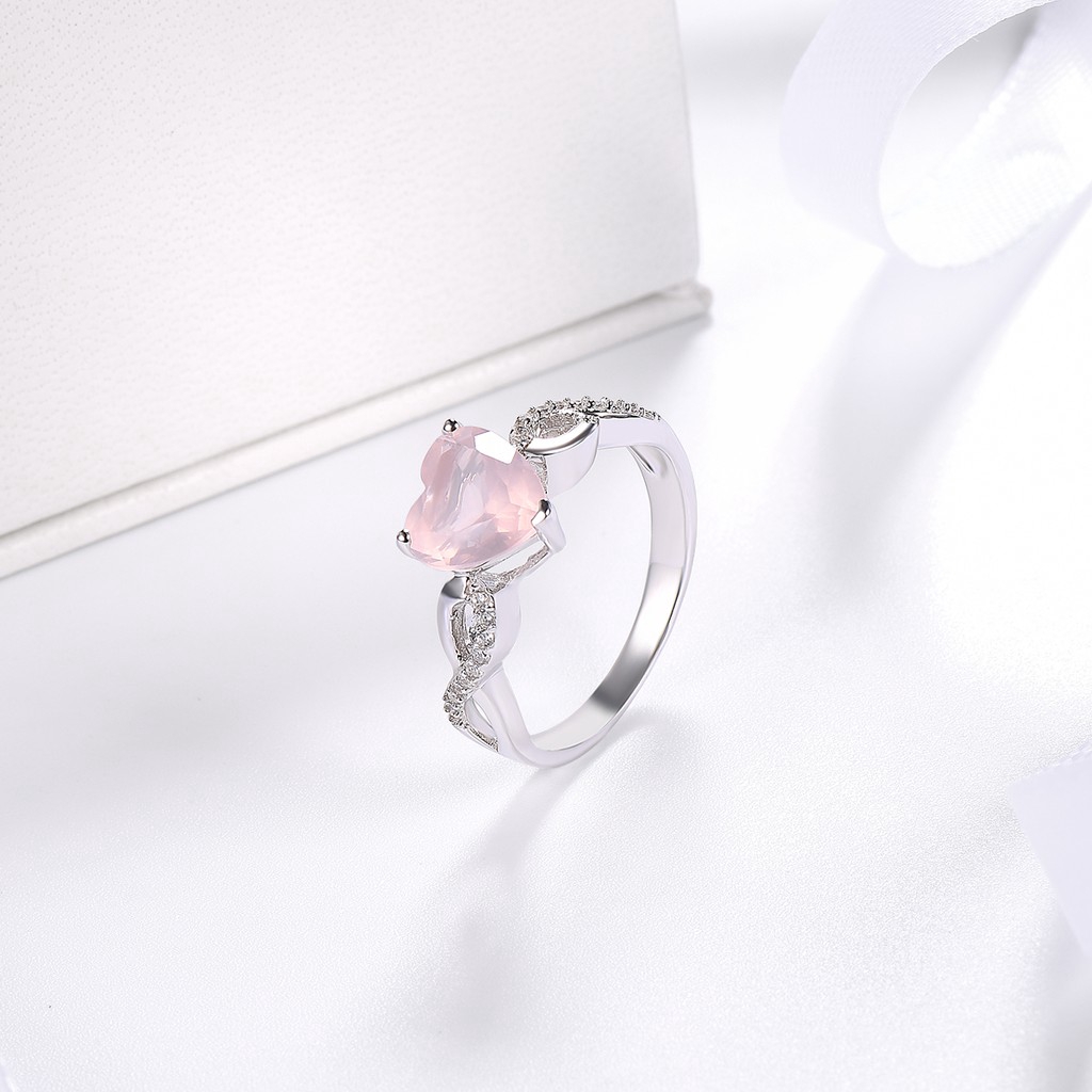 Nhẫn Mạ Bạc 925 Đính Đá Thạch Anh Hồng Tự Nhiên Hình Trái Tim Thời Trang Cho Nữ
