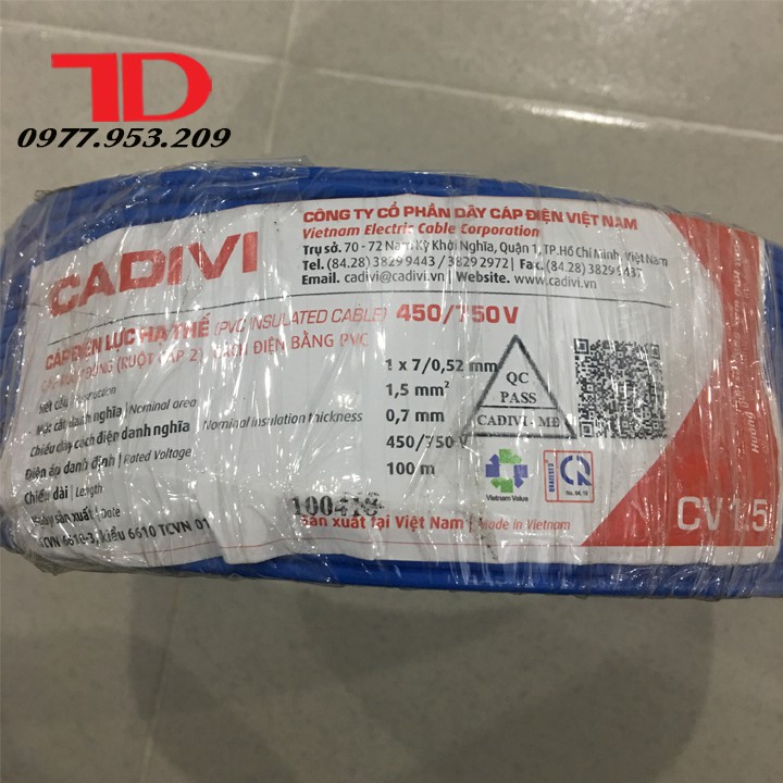 DÂY ĐIỆN ĐƠN CADIVI 1.5 - 100 MÉT