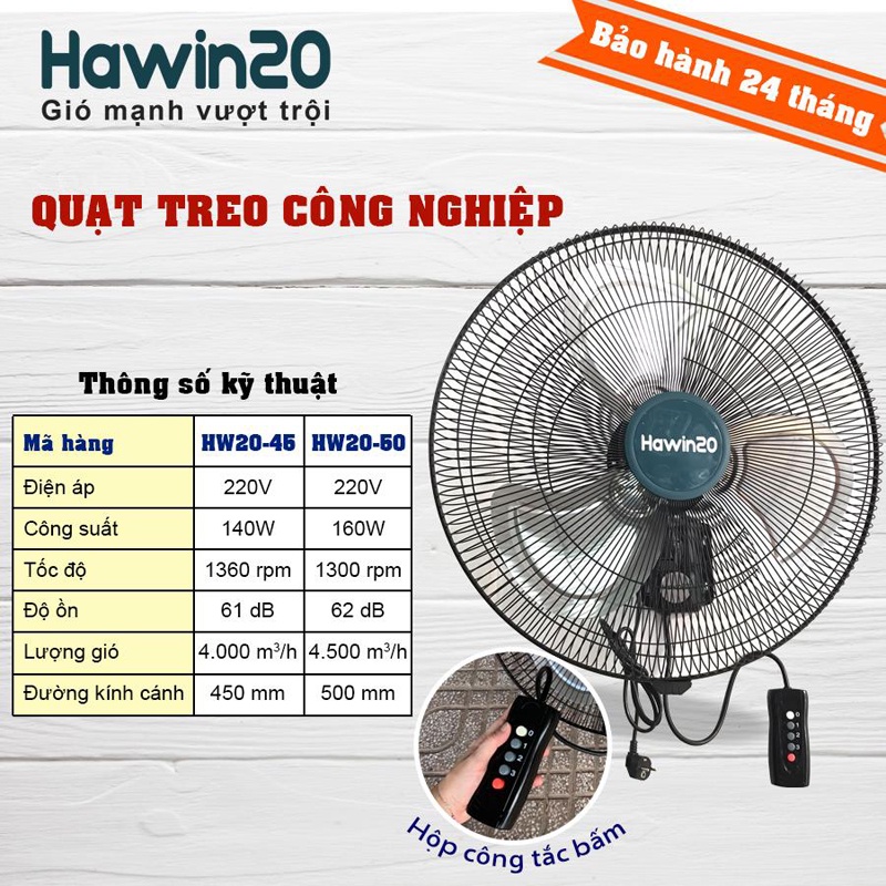 Quạt treo tường công nghiệp HAWIN HW20-45-50