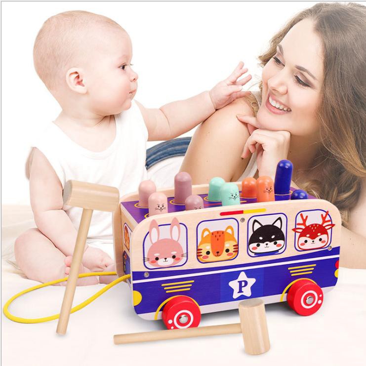 Đập chuột kèm xe kéo hình xe bus bằng gỗ - đồ chơi gỗ