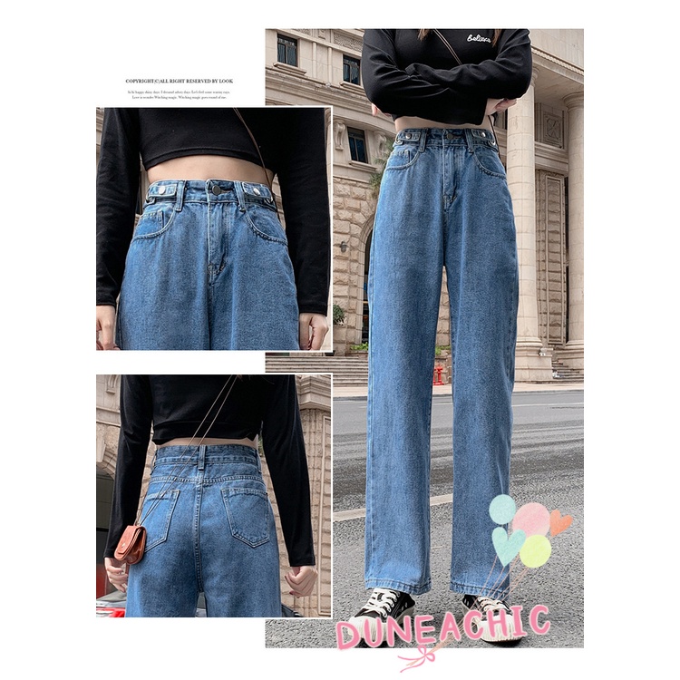 DUNEA Quần Jean Dài Lưng Cao Ống Rộng Thời Trang Cá Tính Cho Nữ