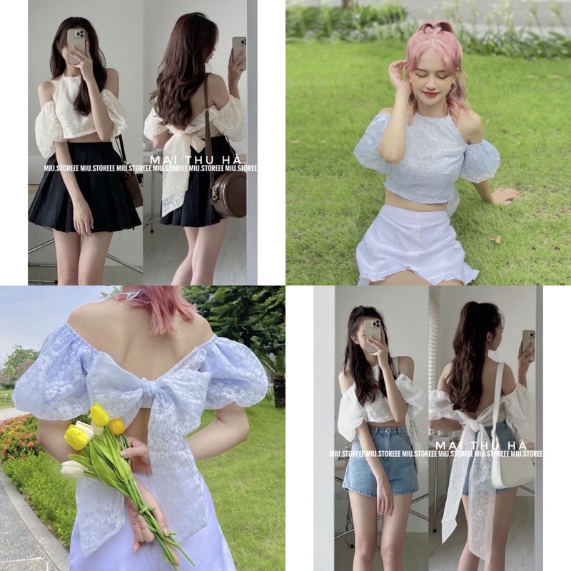 ÁO REN HOA CỔ YẾM TAY BỒNG DÁNG CROPTOP ARHCYB