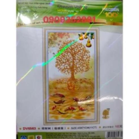 Tranh thêu Chữ thập Cây tiền và cá  Dream valley mẫu mới  DV6563(43*71 ) chưa thêu | BigBuy360 - bigbuy360.vn