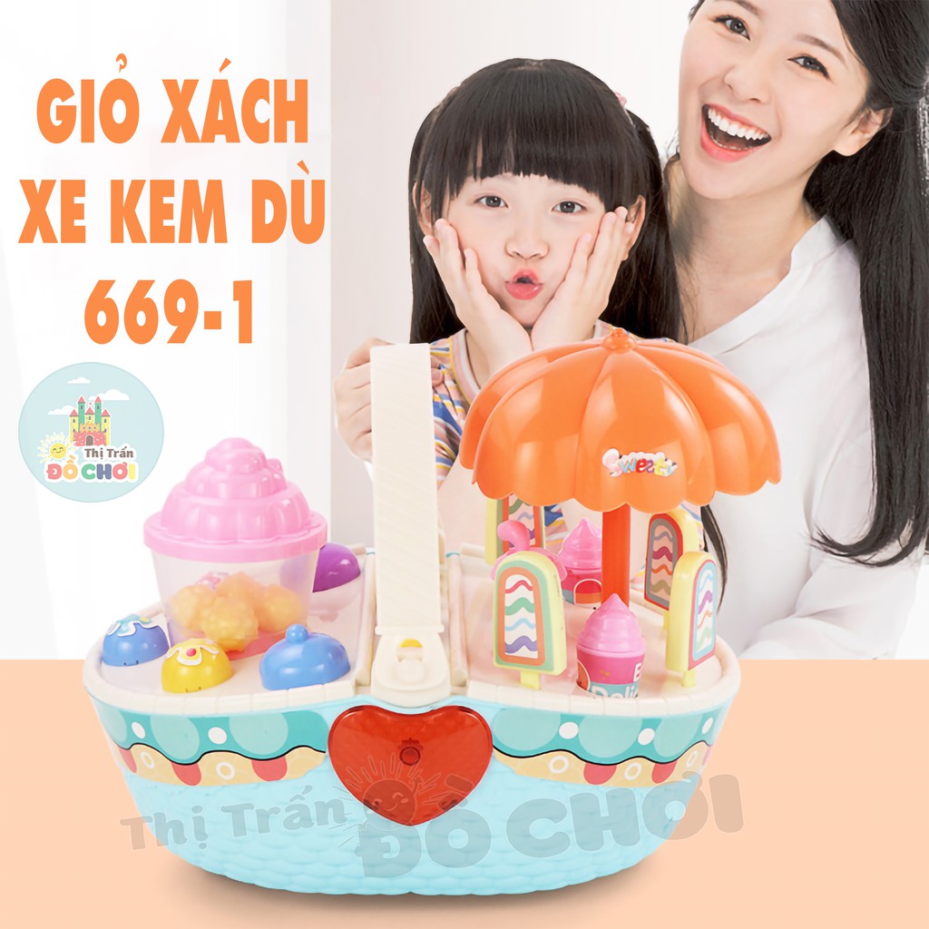 Đồ chơi nấu ăn 👩🏾‍🍳 GIÁ SỐC 👩🏾‍🍳 Đồ chơi nhà bếp mẫu giỏ xách xe kem dù dùng pin có nhạc, đèn cho bé 669-1