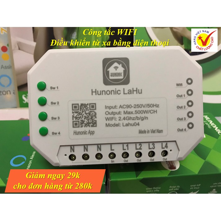 Công Tắc Điều Khiển Từ Xa Qua Điện Thoại Hunonic Lahu (2 kênh và 4 kênh│Công tắc thông minh kết nối Wifi│ Hàng Việt Nam