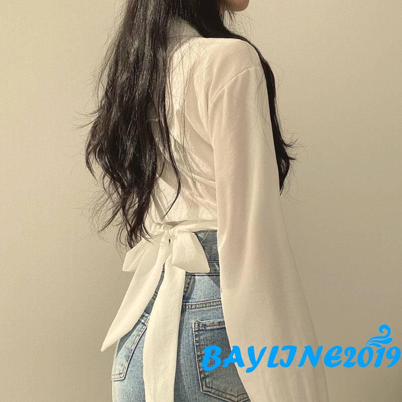 Áo Croptop Tay Dài Cổ Bẻ Màu Trơn Thiết Kế Độc Đáo Thời Trang Cho Nữ