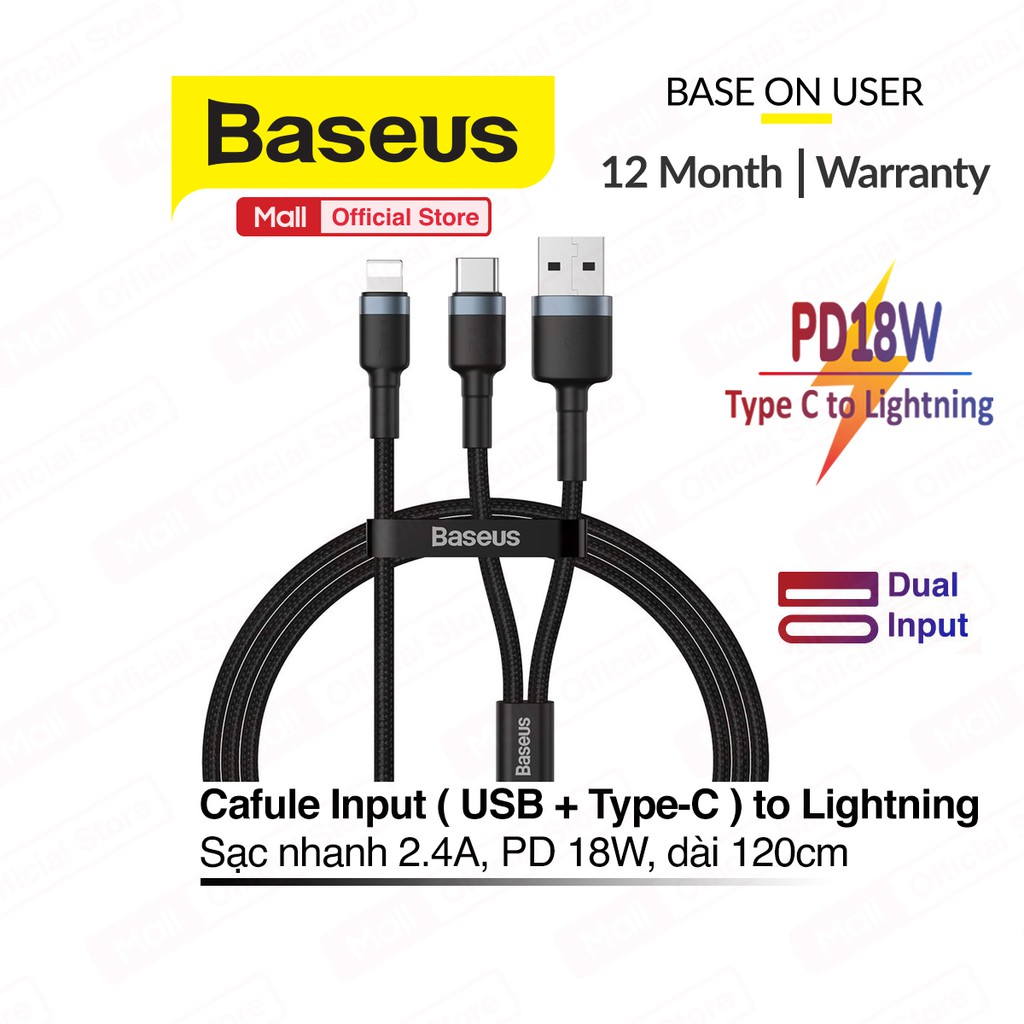 Cáp sạc nhanh Lightning Baseus Cafule USB + Type-C 2-in-1 PD, dual input (USB+Type-C), sạc nhanh 2.4A, công suất 18W, hỗ