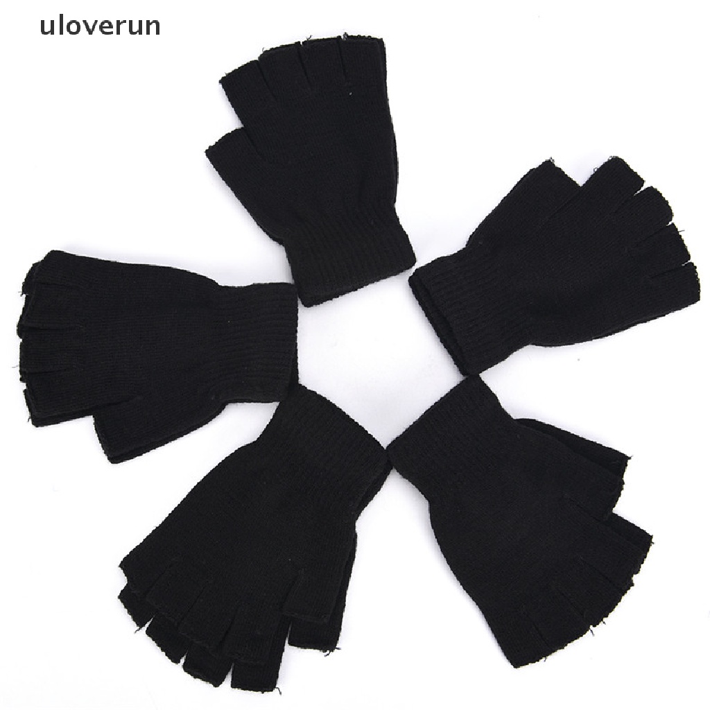 Găng Tay Len Hở Ngón Màu Đen Co Giãn Giữ Ấm Mùa Đông Cho Nam