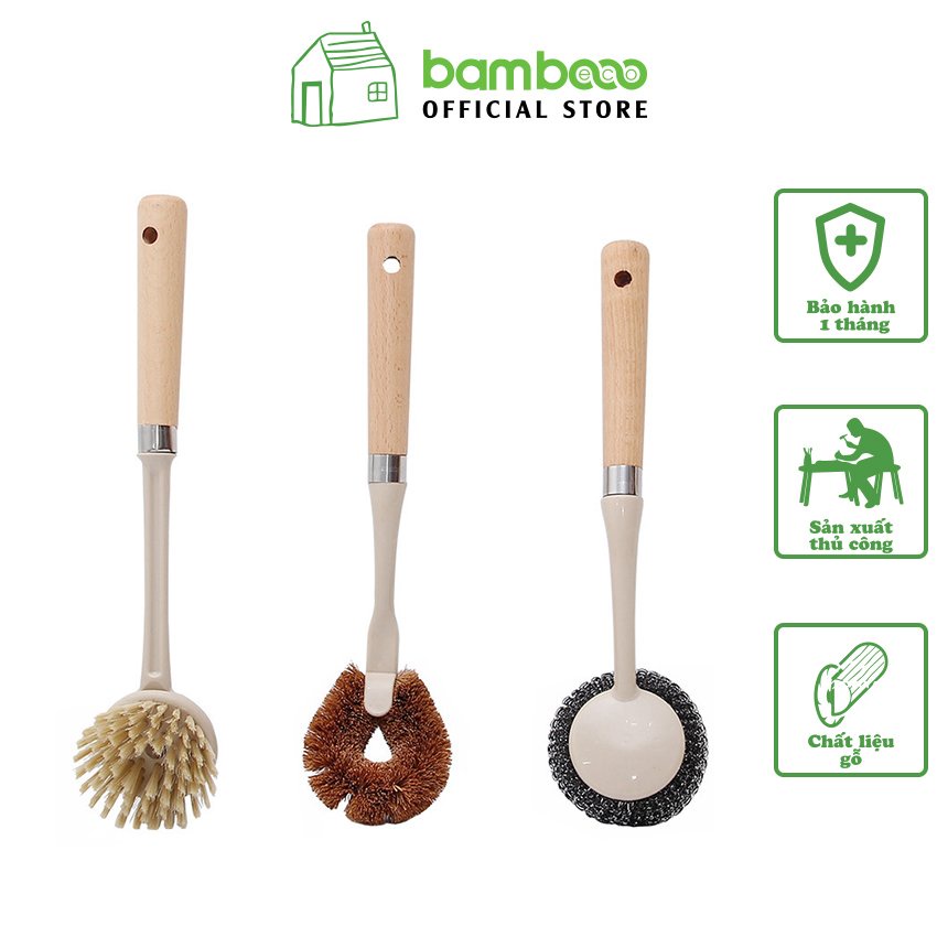 Bàn chải cọ rửa chảo tay cầm gỗ BAMBOOO ECO đồ dùng nhà bếp đa năng