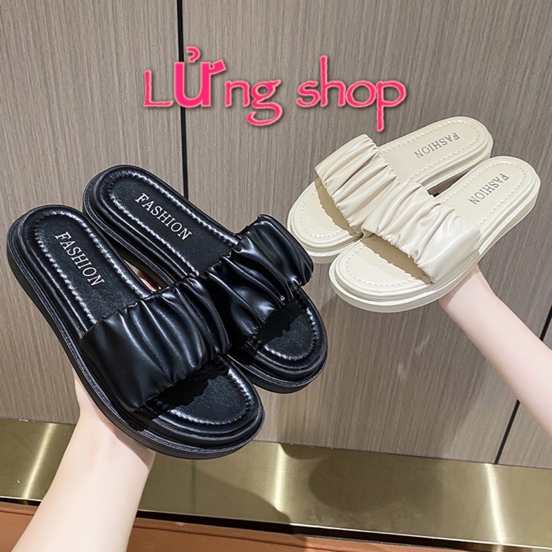 Dép Nữ Quai Ngang Nhăn Đế Hộp Lửng Shop chất da mềm đế cao 3cm siêu êm đi biển đi du lich