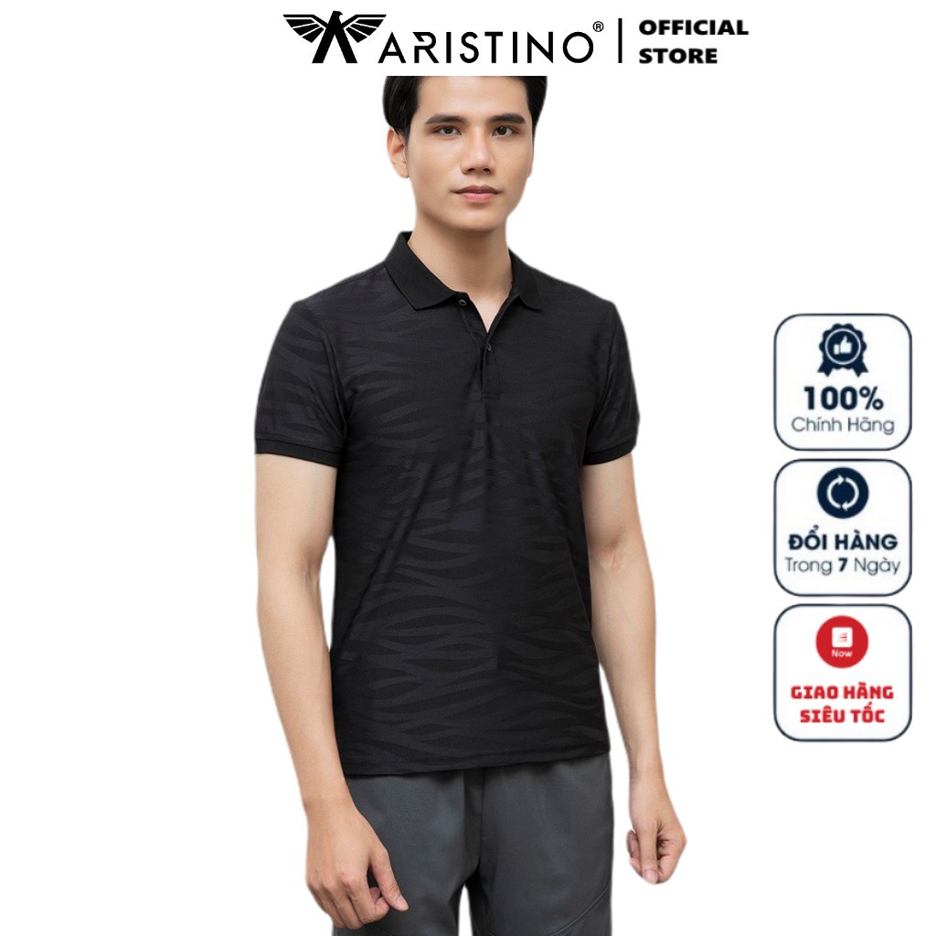 Áo Thun Nam Tay Ngắn Có Cổ Aristino APS020S1 Màu Đen 9 Jacquard Họa Tiết Dáng Slim Vải Polyester