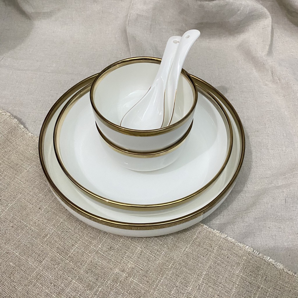 Bát đĩa trắng viền vàng, tô dĩa bằng sứ, bộ đồ bàn ăn: 6.40