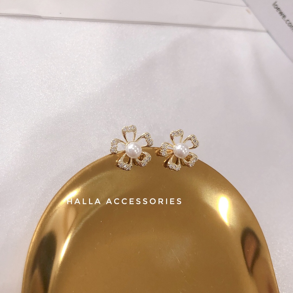 Khuyên tai chuôi bạc S925 Hình bông hoa đính đá HALLA BT141