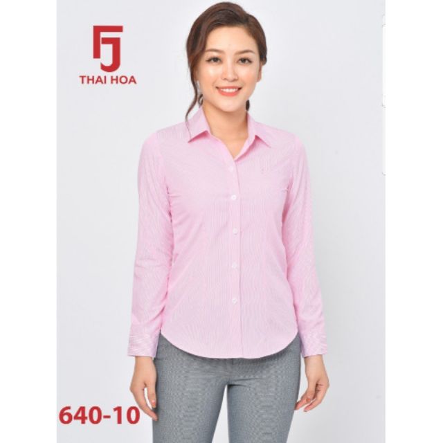 Áo sơ mi nữ Thái Hòa hồng sọc xuôi mã 640 màu hồng NoBrandCotton và poly