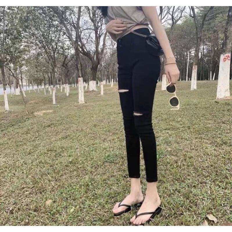 Quần Jean Skinny Đen Rách Đùi Gối, Quần bò đen rách gối nữ lưng cao co giãn tôn dáng