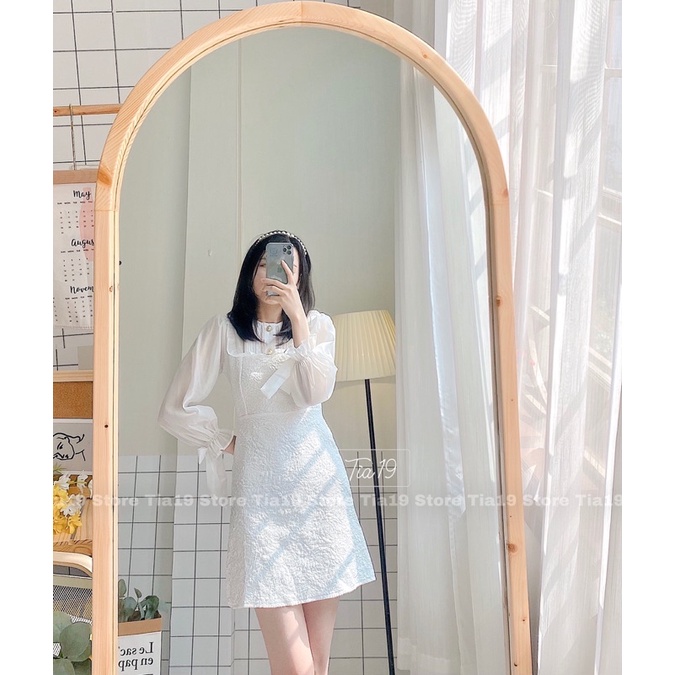 Váy trắng gấm cổ tròn dáng xoè Tia19. Đầm trắng dự tiệc cổ tròn tiểu thư ulzzang | BigBuy360 - bigbuy360.vn