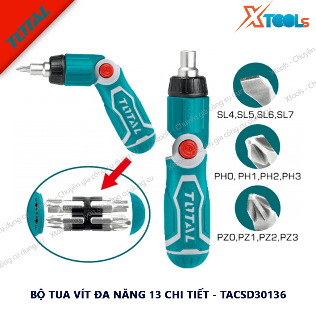 Bộ tua vít đa năng 13 chi tiết INGCO TOTAL đóng mở 2 chiều tự động, có nam châm sửa điện thoại máy tính, đầu dẹp và bake