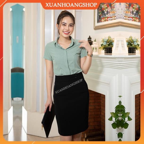 Áo Sơ Mi Nữ Kiểu Công Sở Đẹp Kẻ Sọc Caro, Cộc Tay Ngắn, Màu Xanh Mc Fashion A655 . *