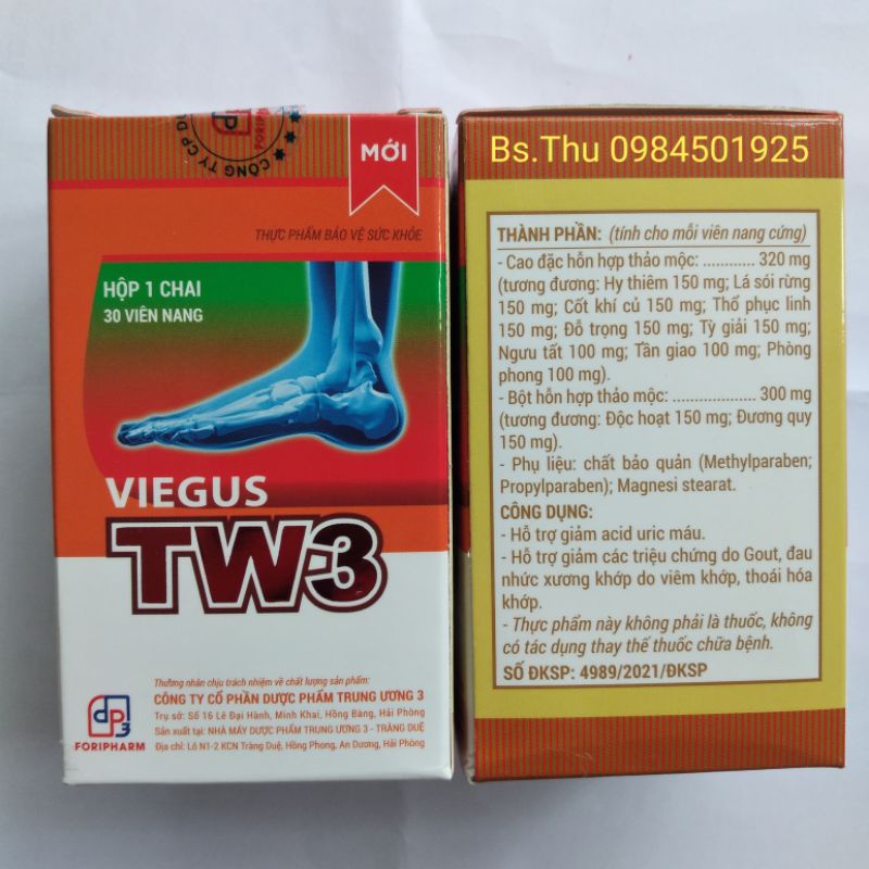 VIEGUS TW3 hộp 30 viên, hỗ trợ giảm các vấn đề của gút