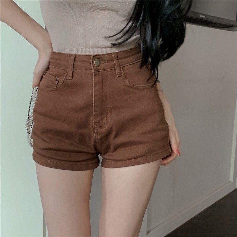 Quần Short Denim Màu Nâu Caramel Lưng Cao Dáng Ôm Gợi Cảm Phong Cách Hàn Quốc Cho Nữ