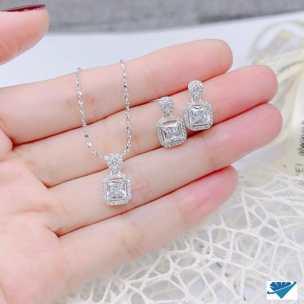 Bộ trang sức nữ bạc ta mặt đá vuông xinh xắn kiểu dáng thời trang - Bạc Bibi