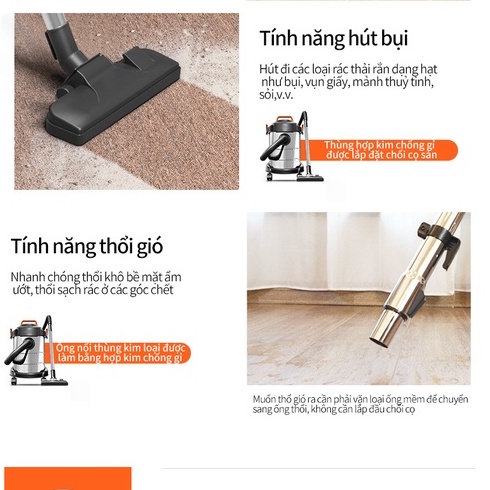 Máy hút thổi bụi công nghiệp  dung tích 12L, Máy hút bụi gia đình có thể hút khô, hút ướt và thổi bụi mạnh mẽ