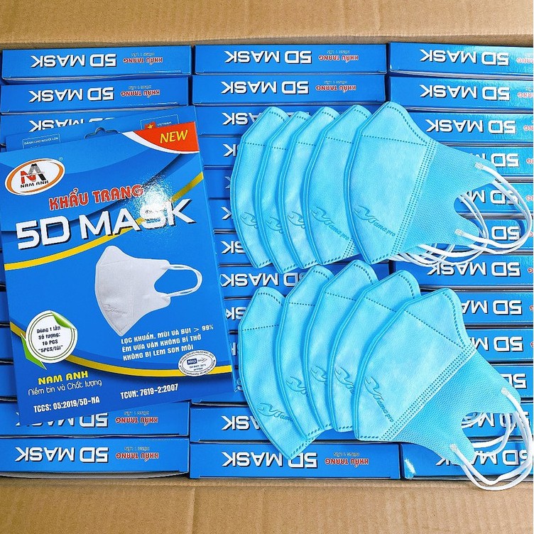 Khẩu trang 5D Màu Xanh Famapro thuộc công ty Nam Anh hộp 10 chiếc dày 3 lớp vải không dệt