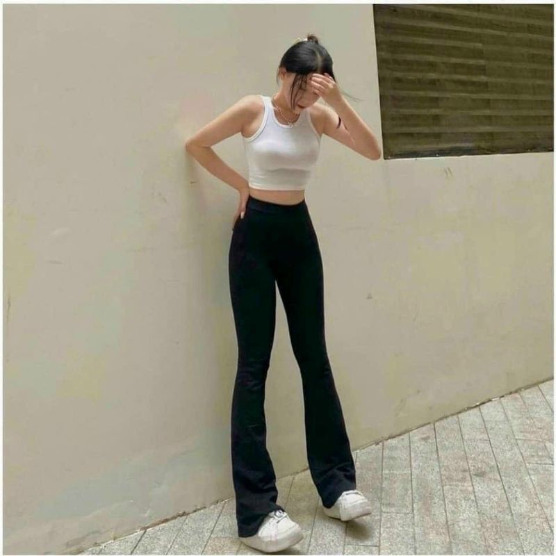 quần ống loe[90] nữ vải Tăm co dãn thoải mái cạp chun lưng cao quần dáng dài
