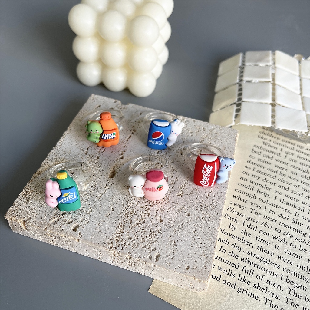 Nhẫn Resin Hình Bình Sữa / Mèo / Thỏ Hoạt Hình Dễ Thương Đơn Giản
