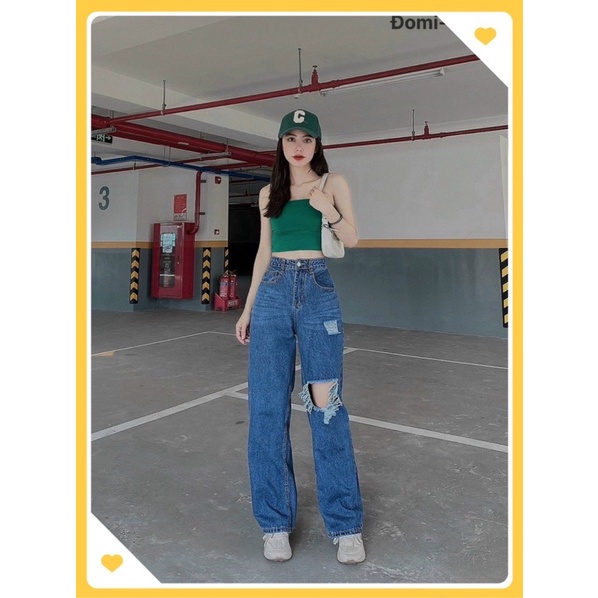 Quần Jean ống Rộng Màu Xanh Nhạt rách 1 bên H.N.M STORE