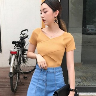 Áo Tank Top dệt kim tay ngắn thiết kế cổ chữ V quyến rũ