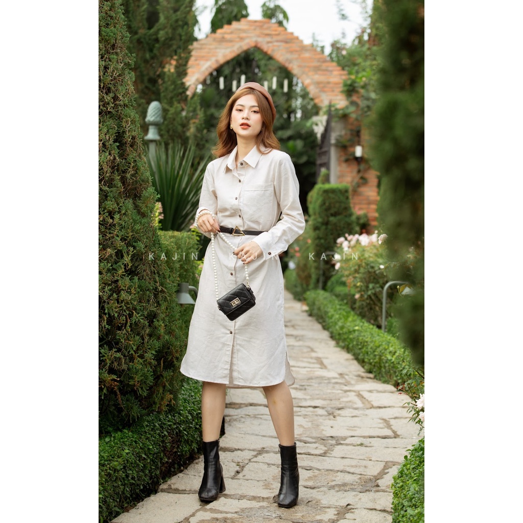 Đầm sơ mi linen tưng, dài tay, xẻ vạt