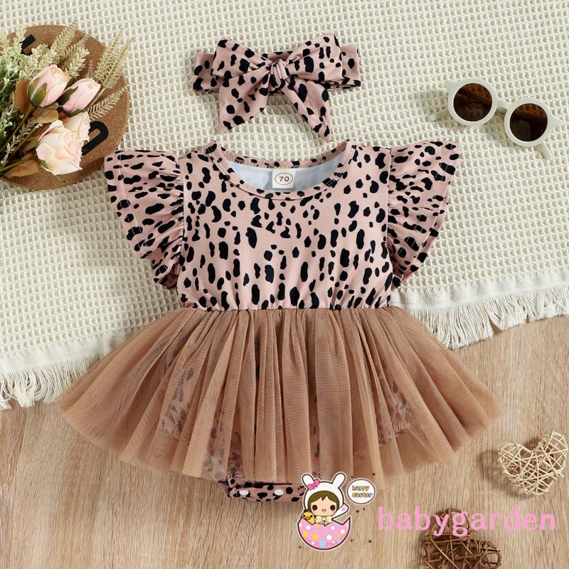 BABYGARDEN-0-12months Baby Girl Summer Outfit, Leopard Print Tulle Flying-Sleeve One Piece Romper + Hairband