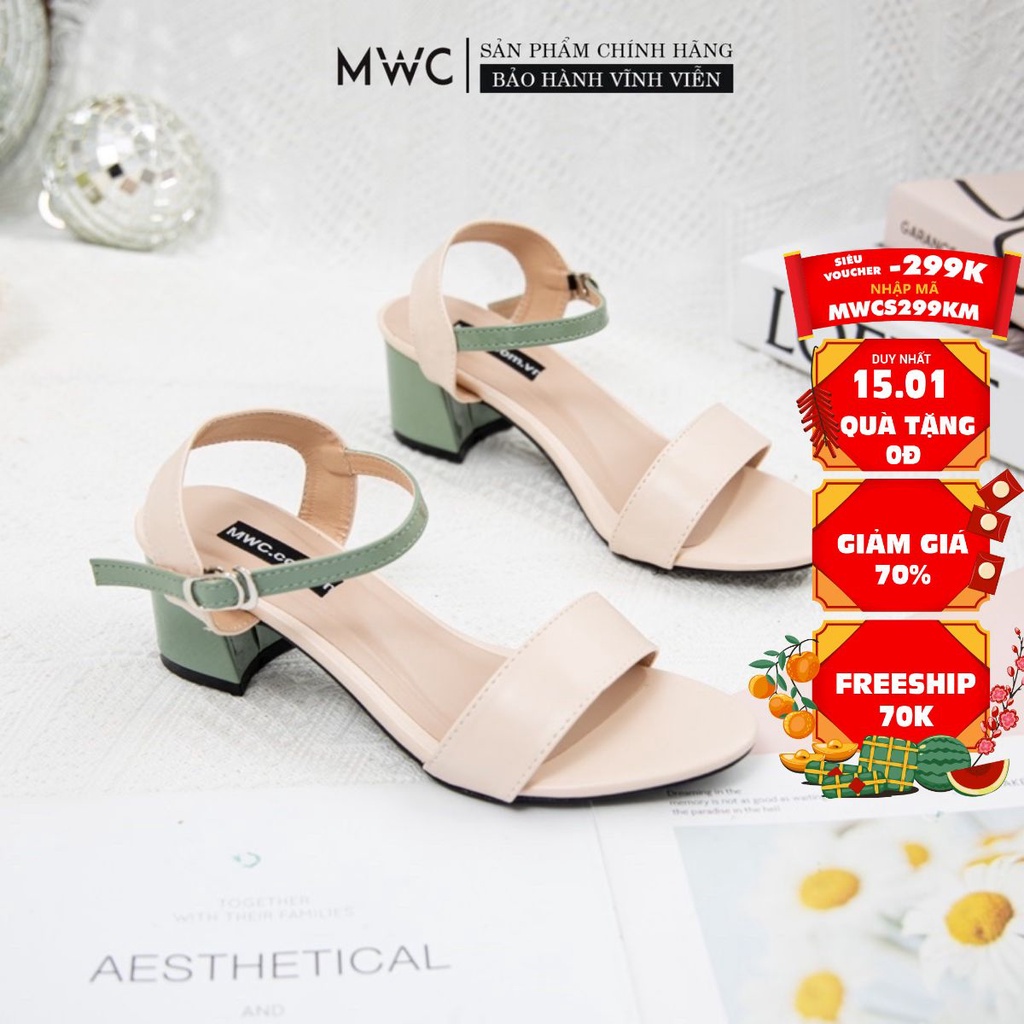 Giày Sandal Cao Gót MWC Đế Vuông 5CM Hở Mũi Quai Ngang Màu Xanh Nâu Sang Trọng NUCG-3920