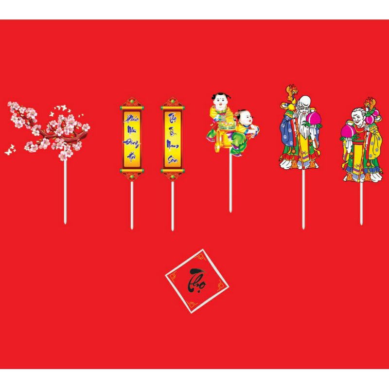 Set cắm Tết trang trí bánh kem, trẻ vui Tết, ông bà thọ mừng năm mới 2022, toppercake